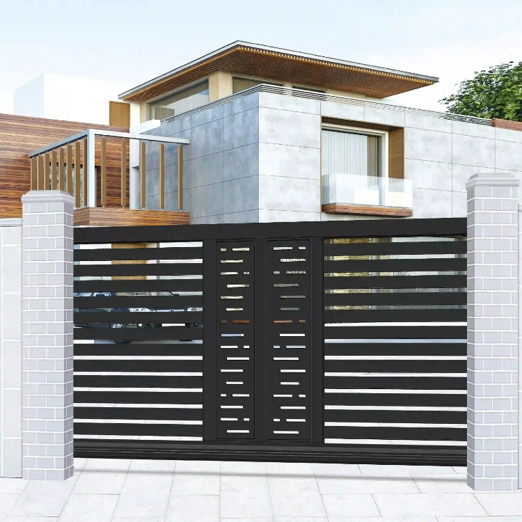 Closed aluminum cantilever gate showing the side mounted support system, automation motor, and clear rail free driveway opening Closed aluminum cantilever gate showing the side mounted support system, automation motor, and clear rail free driveway opening