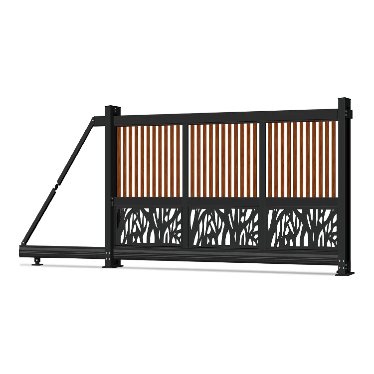 Modern black cantilever sliding gate system with aluminum frame, decorative wood-look vertical slats, and laser-cut geometric panels. Heavy-duty industrial driveway gate design featuring a sleek structure