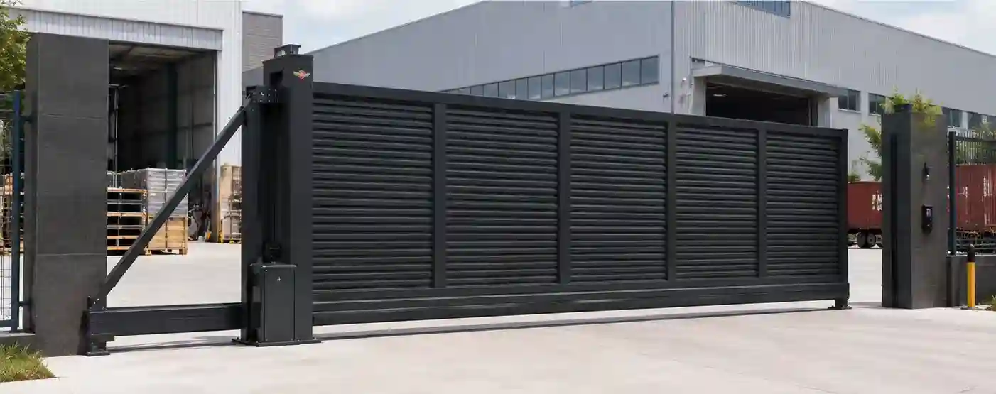 Automatic horizontal slat sliding gate installed at modern courtyard entrance with pergola