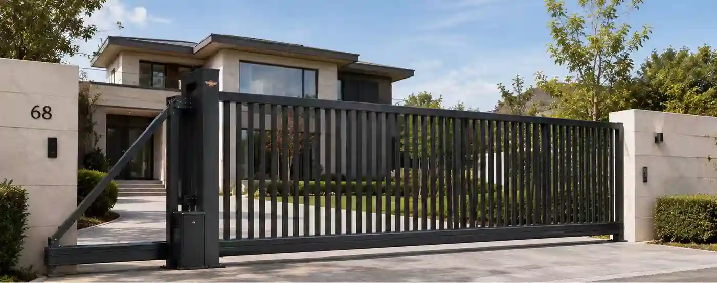 Modern black aluminum sliding driveway gate with horizontal privacy louvers for residential villa (2)
