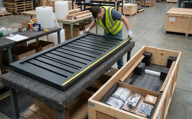 Pre-shipment inspection of an aluminum gate with protective export packaging and wrapped hardware